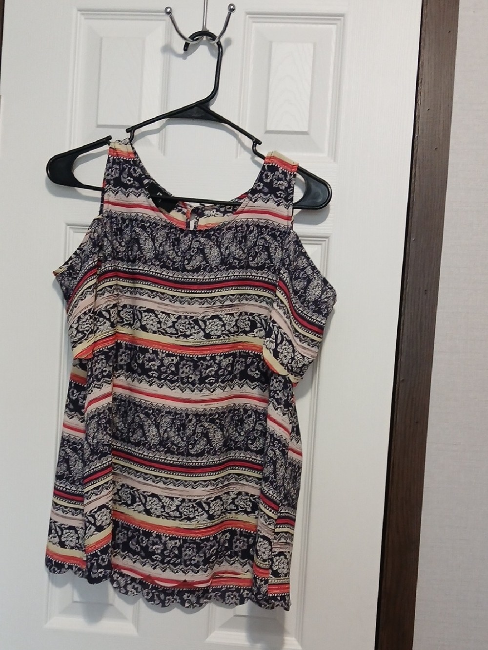 Iz Byer Navy Blue Striped Floral Tank Top with Coral and Cream Accents